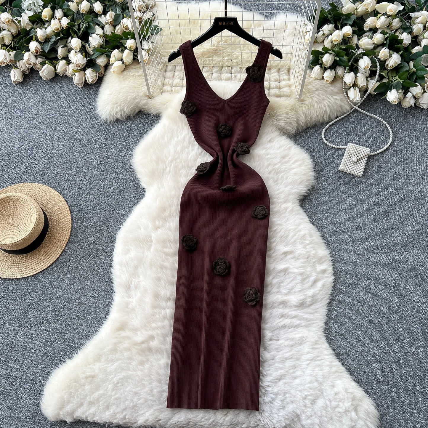 SINGREINY Knitted 3D Flower Chic Dress Sleeveless Slim Solid Elastic Sundress Women Summer Casual Fashion Bodycon Long Dresses