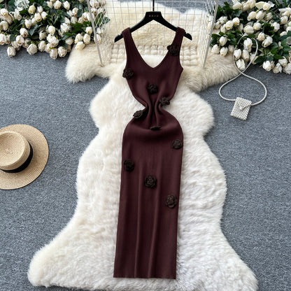 SINGREINY Knitted 3D Flower Chic Dress Sleeveless Slim Solid Elastic Sundress Women Summer Casual Fashion Bodycon Long Dresses