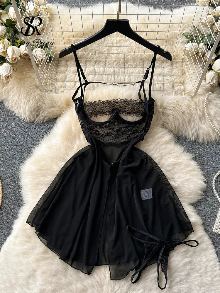 SINGREINY Transparent Lace Sexy Nightwear Sleeveless Slim Backless Short Dress Women Strap Floral Mesh Sheer Erotic Nightdress