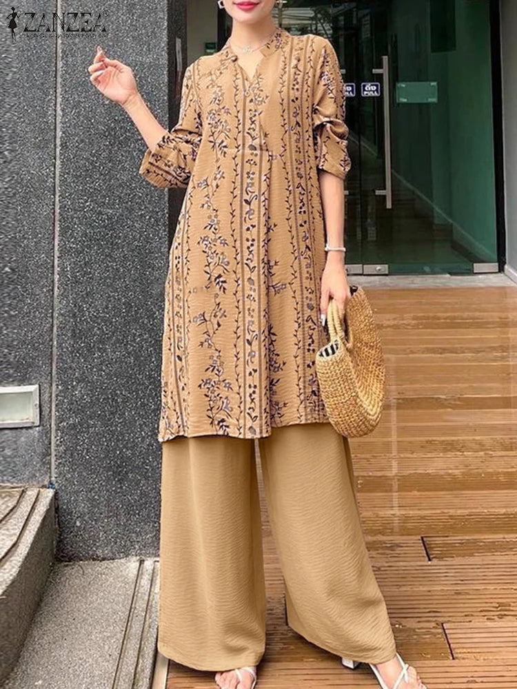 2025 ZANZEA Fashion Autumn Long Shirt Pant Suits Women Outfts 2 Piece Sets Long Sleeve Printed Tops Trousers Casual Tracksuits Badiee Stylez
