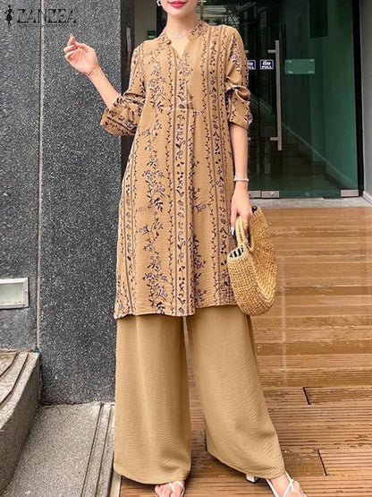 2025 ZANZEA Fashion Autumn Long Shirt Pant Suits Women Outfts 2 Piece Sets Long Sleeve Printed Tops Trousers Casual Tracksuits Badiee Stylez