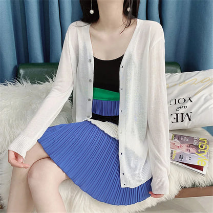 Spring Summer Comfortable Casual Blouses white knitted cardigan 2024 Women's Clothing Solid V-neck Elegant Fashion Button Loose WHITE One Size