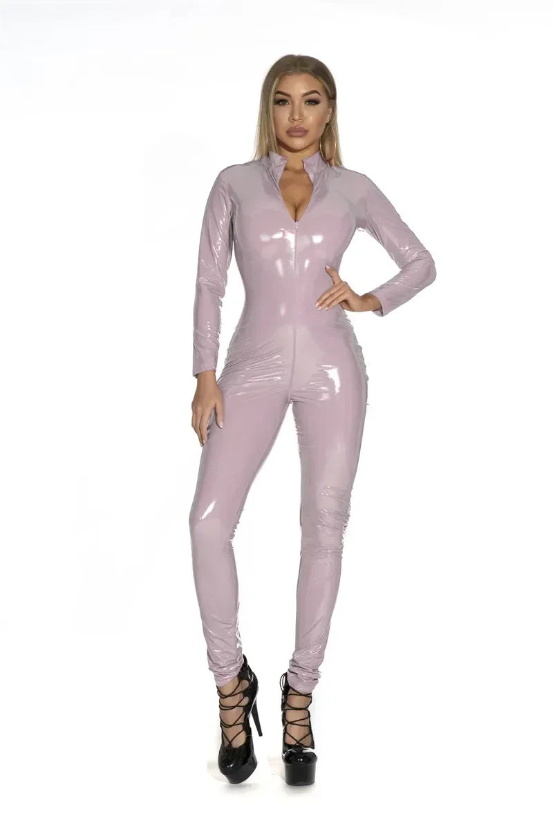 2025 Halloween Women's Wet Look Shiny PU Faux Leather Jumpsuit Suit Long Sleeve Zipper Open Crotch Latex Bodysuit Clubwear Badiee Stylez