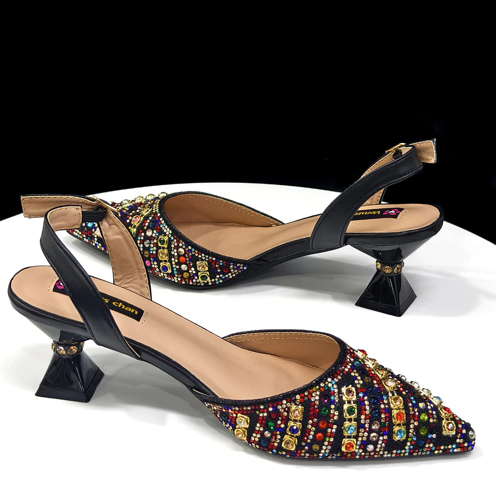 2025 Luxurious Italian Women's Party Shoes & Bag Set – Elegant Golden Rhinestone Spring/Summer Sandals with Pointed High Heels f
