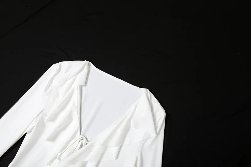 2025 New Autumn Irregular Hem Dress Women Y2K Flare Sleeve V-Neck Bandage Stretch Elegant Birthday Party Chic Hipster Bodycon Badiee Stylez