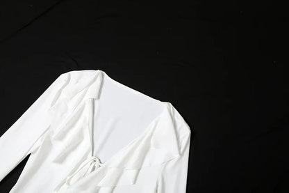 2025 New Autumn Irregular Hem Dress Women Y2K Flare Sleeve V-Neck Bandage Stretch Elegant Birthday Party Chic Hipster Bodycon Badiee Stylez