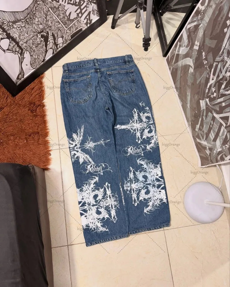 New Hip-hop Punk Harajuku Y2K Streetwear Trousers Women Goth Cross Print Baggy Jeans American Retro High Waist Wide-leg Pants