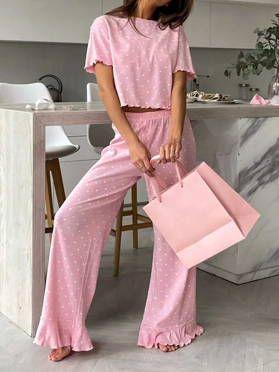 Muzuleva New Fashion Love-Printed Short-Sleeved Pants Pajama Set Women's Summer Pink Sleepwear Loose Casual 2-Piece Set