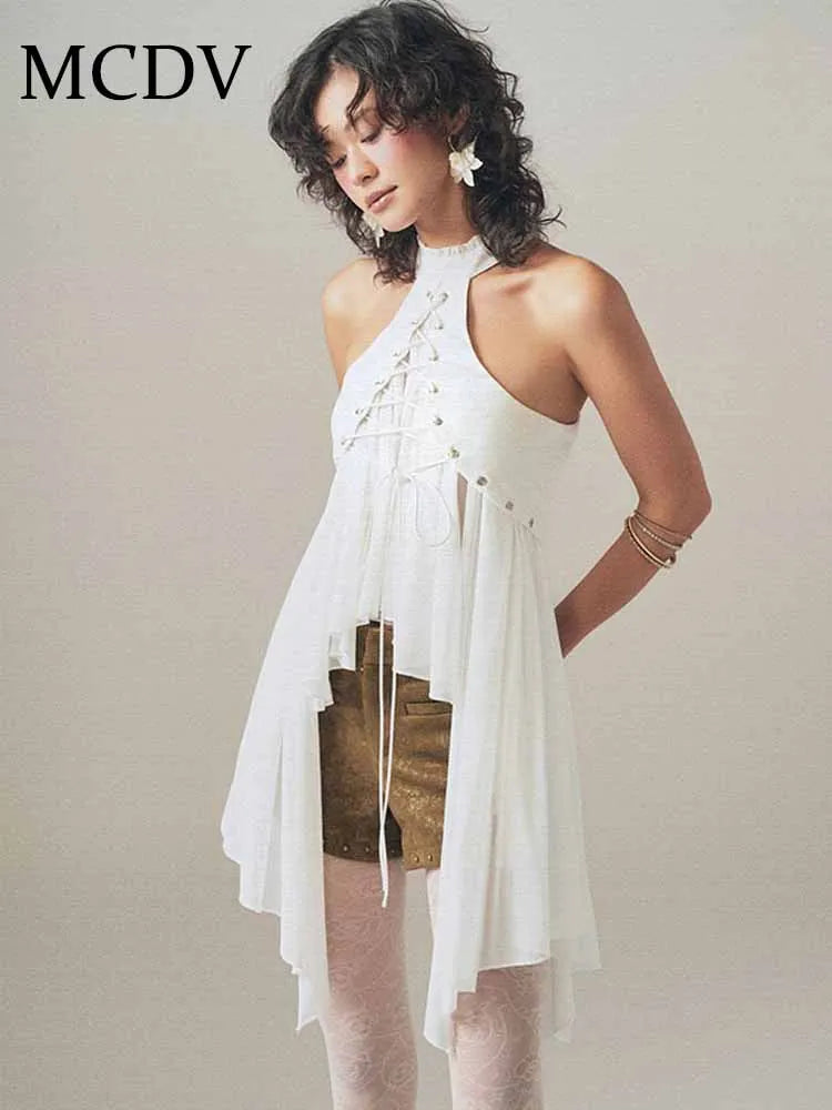 MCDV Mesh Patchwork Irregular Ruffles Vest Women Cross Bandage Elegant O-Neck Sleeveless Slim Tank Tops Y2K Summer Clothes Tees