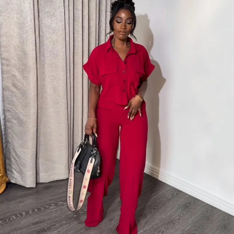 Women's Two Piece Sets Spring Summer Casual Solid Turn-down Neck Short Sleeve Loose Top & Wide Leg Pants Set Streetwear Outfits Red CHINA
