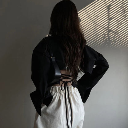 Gidyq Korean Bandage Shirt Women Fashion Backless Sexy Blouse Office Ladies Casual Slim Chic Turn Down Collar Long Sleeve Tops black