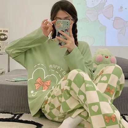 Spring and Autumn New Women's Thin Section Pajamas Homewear Suit Girls Summer Long-Sleeved Homewear Plus Size Cartoon Loose Suit 202