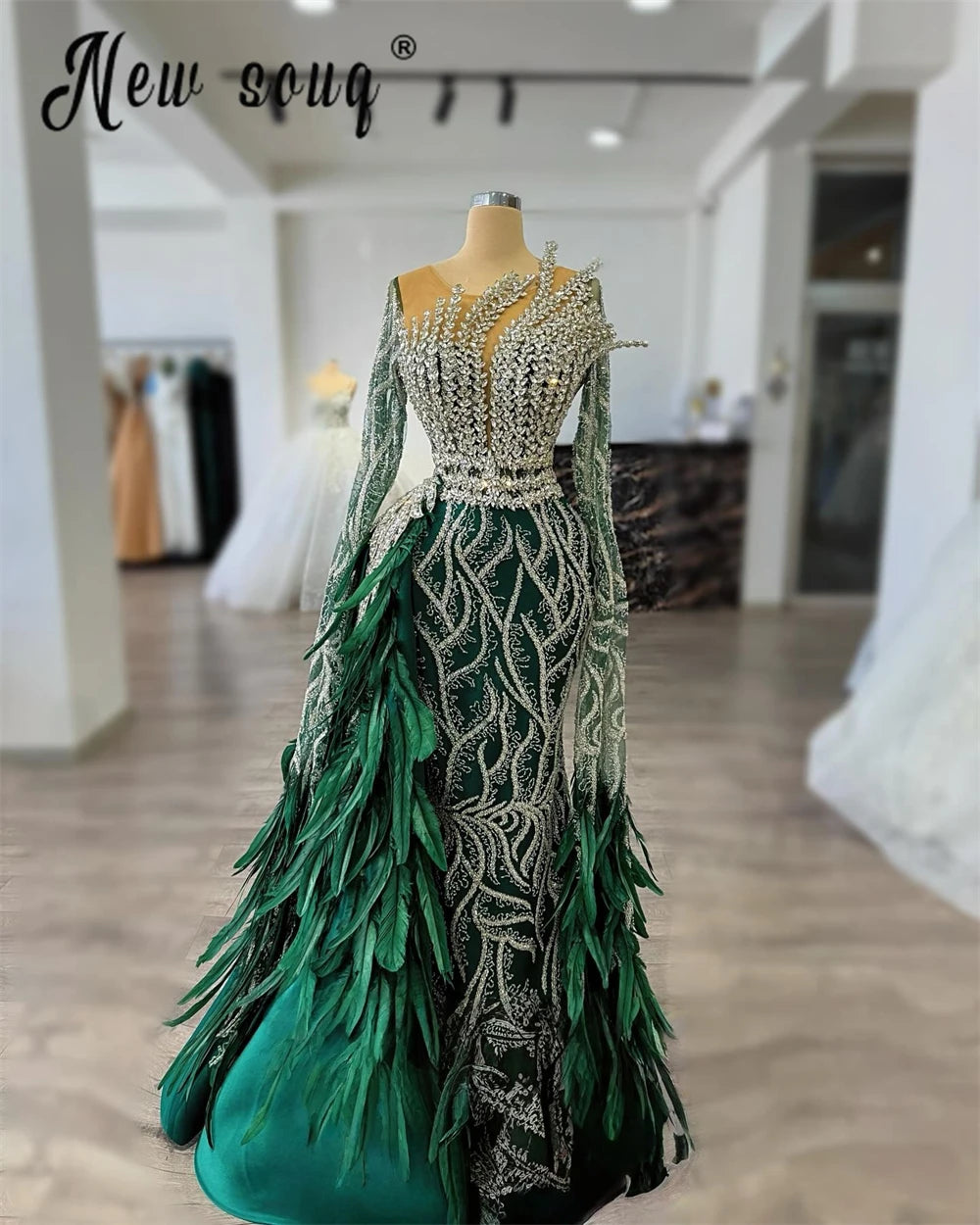 Emerald Green Appliques Mermaid Evening Dresses Elegant Overskirt Feather Prom Dresses Sequins Formal Party Gown Customized Badiee Stylez
