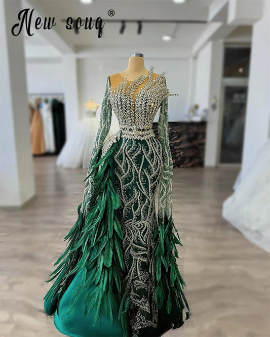 Emerald Green Appliques Mermaid Evening Dresses Elegant Overskirt Feather Prom Dresses Sequins Formal Party Gown Customized Badiee Stylez
