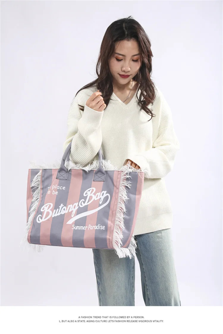 European and American Letters Tassel Canvas Bag Arge Capacity Handbags Travel Women Beach Tote Bag Fashion Casual Shopping Bags