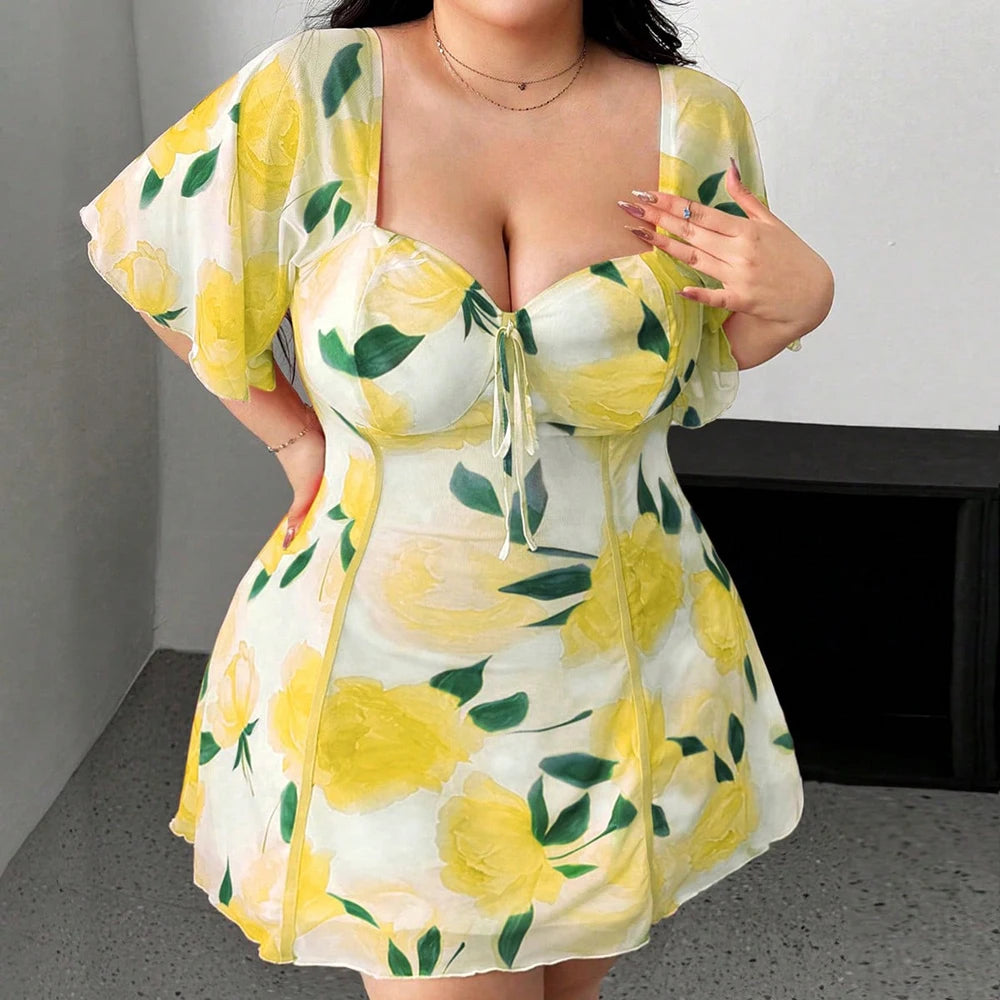 Plus Size Romantic Floral Pink Yellow Ruffle Sleeve Dress Short Sleeve V Neck Waistband Fitted Tiered