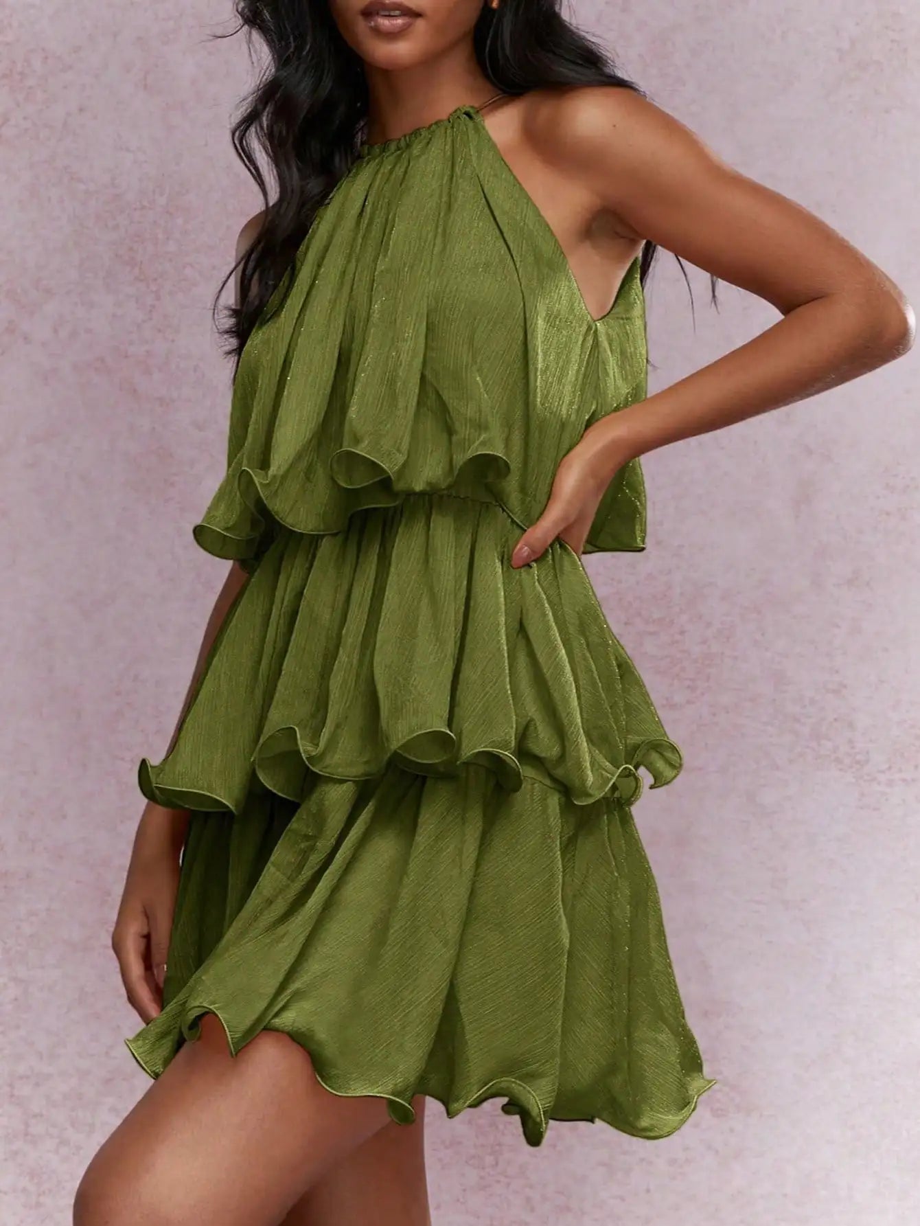 Women's Boho Elegant Tiered Ruffle Mini Dress Sleeveless Halter Neck Party Dress St Pleated Flowy Green Holiday Outfit PA20240039