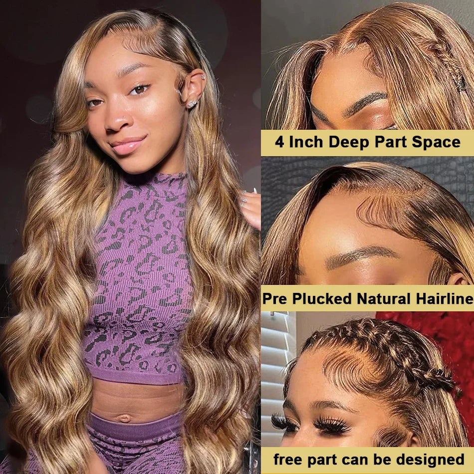 30 Inch Body Wave Highlight Lace Front Wig Human Hair 13x6 Hd Lace Frontal Wig High Density Colored Brazilian Hair Wigs Women Badiee Stylez