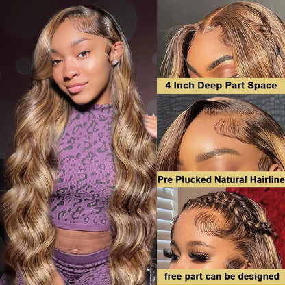 30 Inch Body Wave Highlight Lace Front Wig Human Hair 13x6 Hd Lace Frontal Wig High Density Colored Brazilian Hair Wigs Women Badiee Stylez