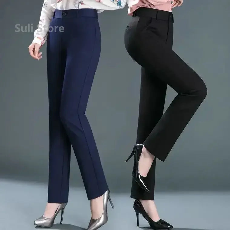 Spring Autumn Casual Button Elastic Mid Waist Black&Navy Blue Straight Trousers Office Lady Quick Drying Suit Pants Female Badiee Stylez