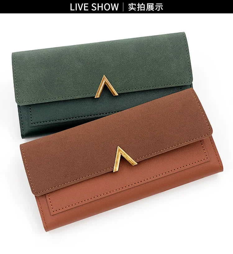New Korean version women's wallet long V-shaped buckle three fold wallet for women, hand-held bag, change card bag
