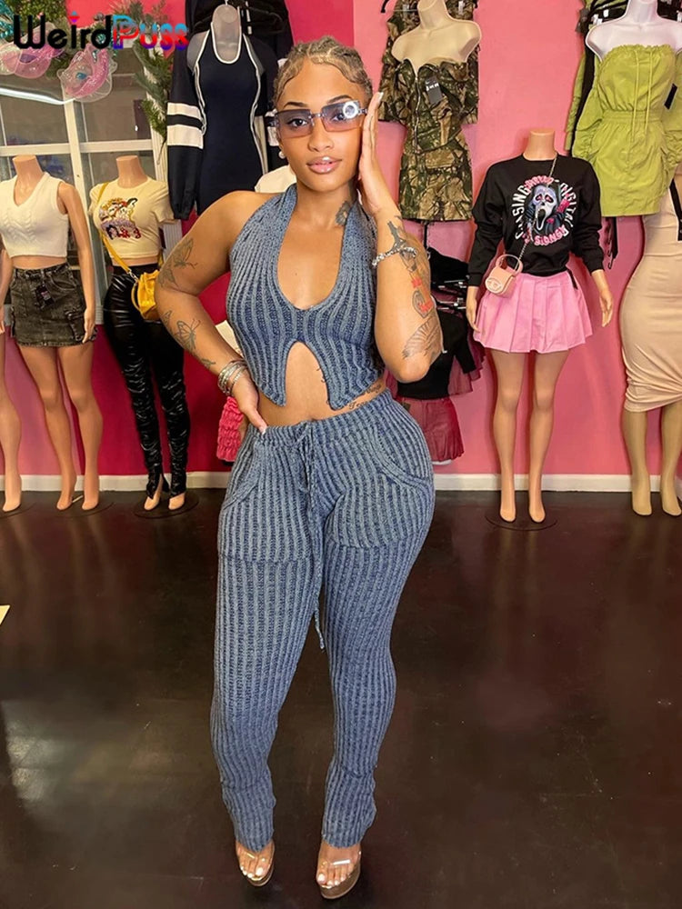 Weird Puss Patchwork Striped Women Casual 2 Piece Set Crochet Halter Low-Neck Vest+Pocket Pants Stretch Skinny Matching Suit Badiee Stylez