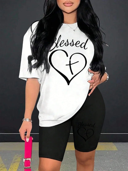 Black Line Heart Pattern Print Two Piece Set Machine Washable Basics For Women Short Sleeve Suit Casual Breathable Shorts Sets Badiee Stylez