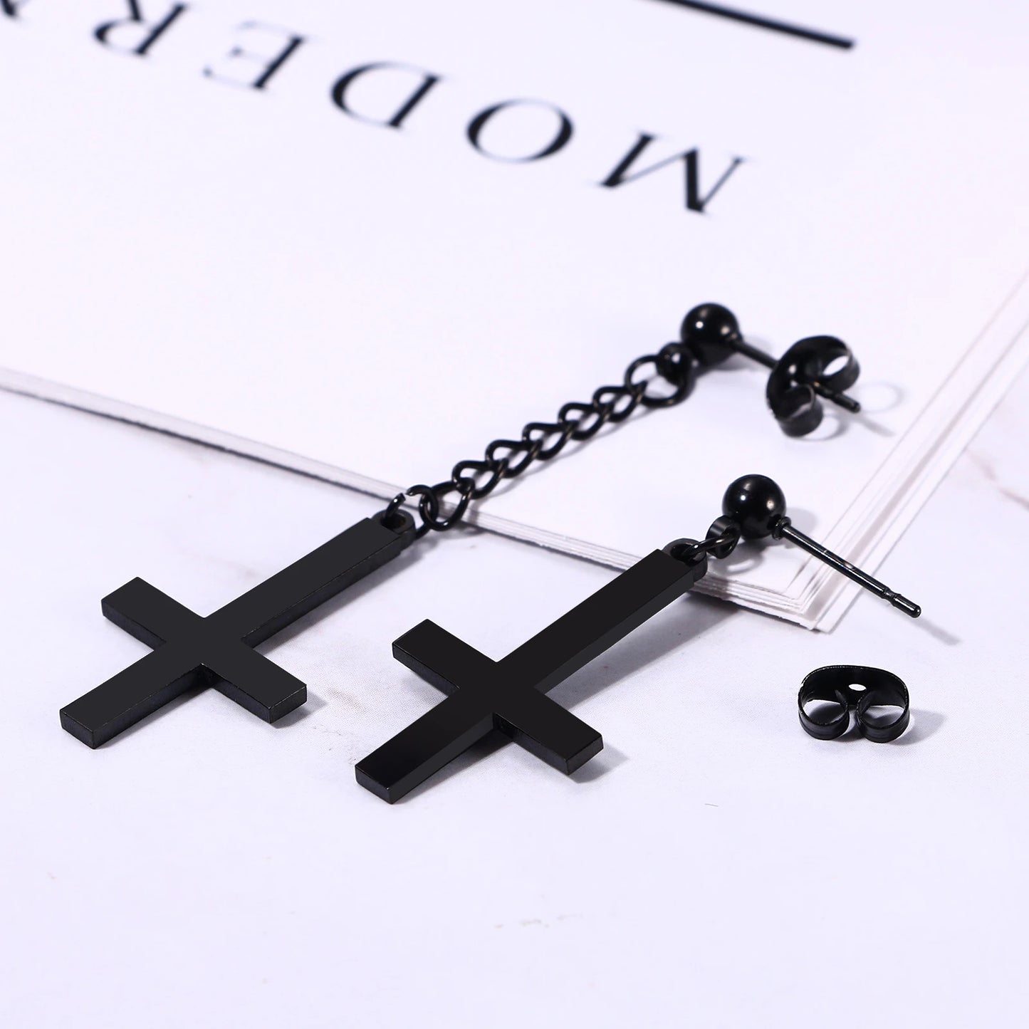 BONISKISS Men Women Stainless Steel Inverted Upside Down Cross Earring Church of Satan Temple Occult Satanic Witchy Stud Jewelry