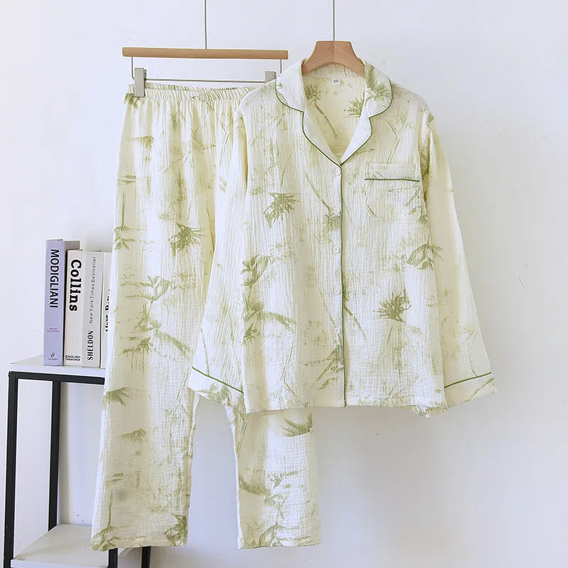 New large size pajamas women cotton crepe home service cotton long sleeve trousers suit simple and comfortable summer and autumn 12