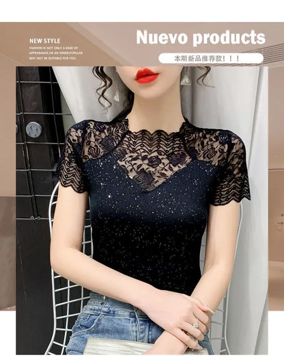 Summer Women Tops Patchwork Bright silk Mesh T shirt Pathcwork Short Sleeve Lace Shirt