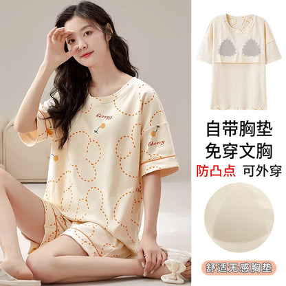 Summer 100% Cotton Women's Pajamas With Padded Bra Sweet Princess Cartoon Comfortable Short Sleeve Shorts Pajama Sets D1042 CHINA