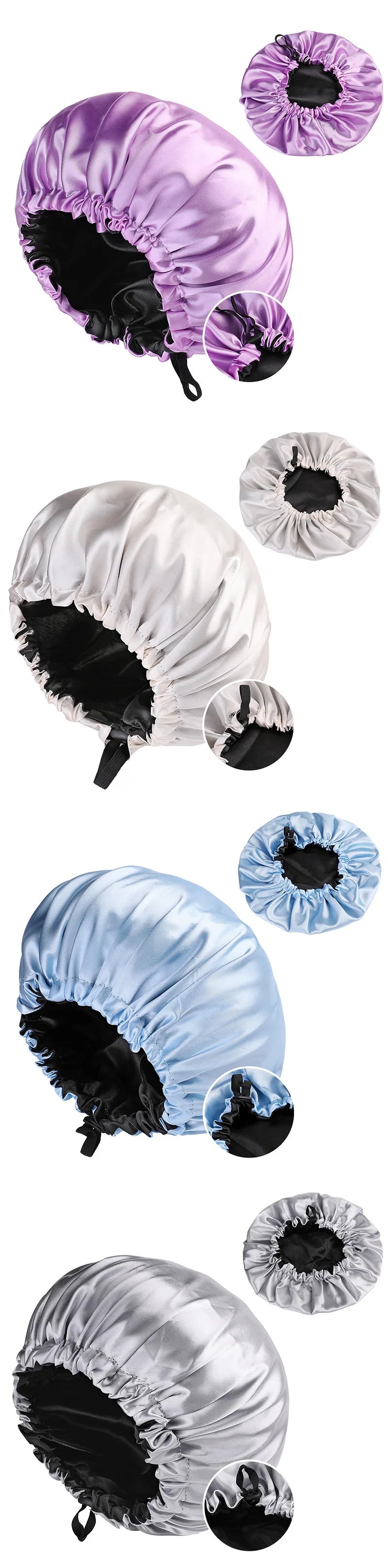 Adjustable Double Layer Satin Bonnet Nightcap Doubleside Women Round Shower Caps Night Sleep Polyester Hat Solid Black Lining Badiee Stylez