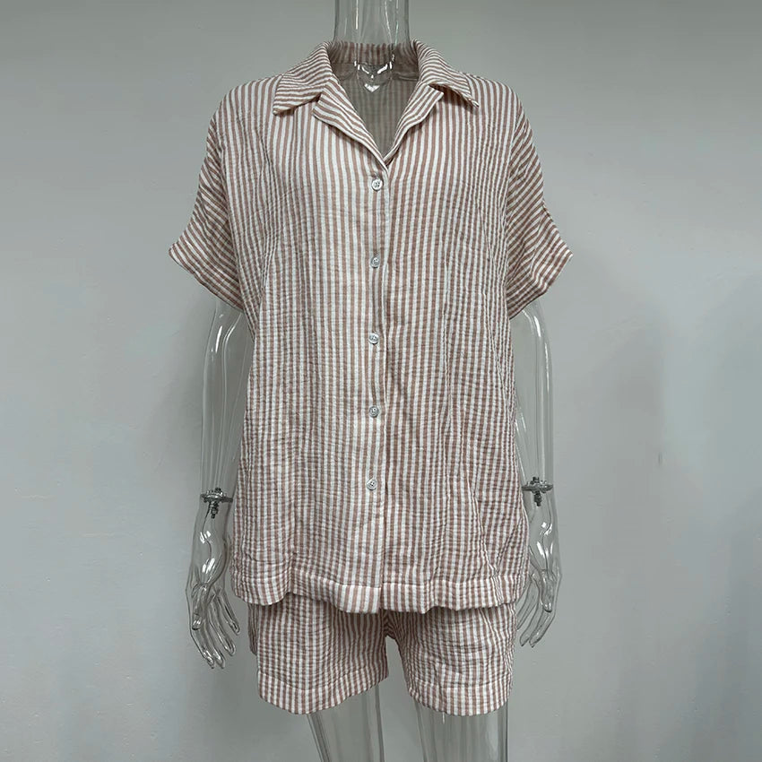 Hiloc Elegant Cotton Stripe Shorts Suits Pajamas Summer Short Sleeve Blouse With Elastic Waist Shorts 2 Piece Sets Home Outfits