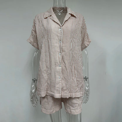 Hiloc Elegant Cotton Stripe Shorts Suits Pajamas Summer Short Sleeve Blouse With Elastic Waist Shorts 2 Piece Sets Home Outfits