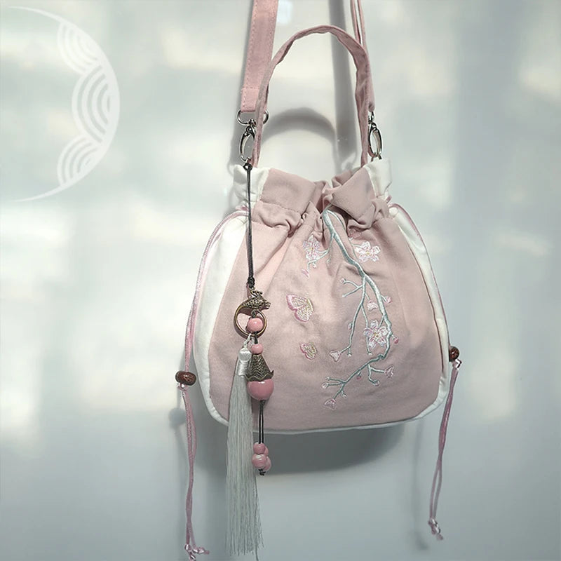 Chinese Style Women's Drawstring Bag Vintage Flower Embroidery Hanfu Handbag Street Fashion Girls Bucket Shape Shoulder Bag