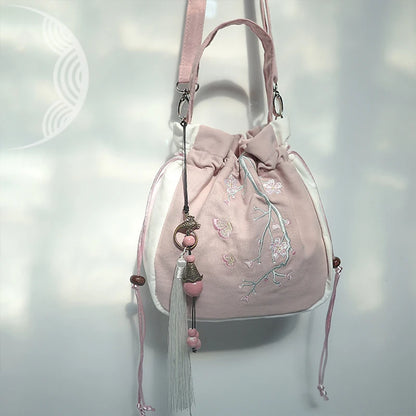 Chinese Style Women's Drawstring Bag Vintage Flower Embroidery Hanfu Handbag Street Fashion Girls Bucket Shape Shoulder Bag