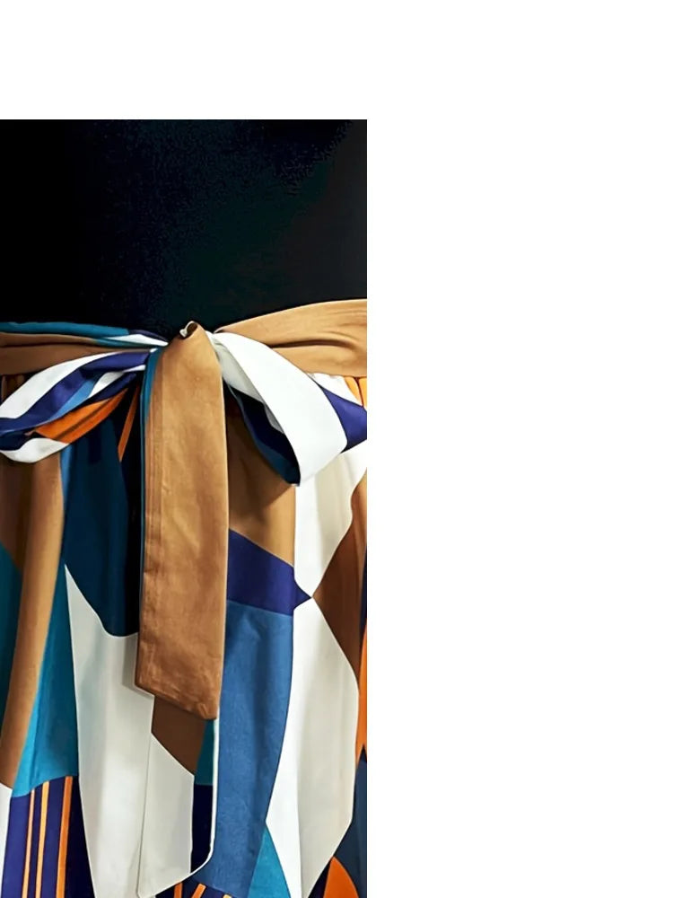 Women's Summer Sleeveless Dress, Color - Blocked Pattern with Belted Waist, Ideal Vacation Outfits Women, Flowy Dress Summer