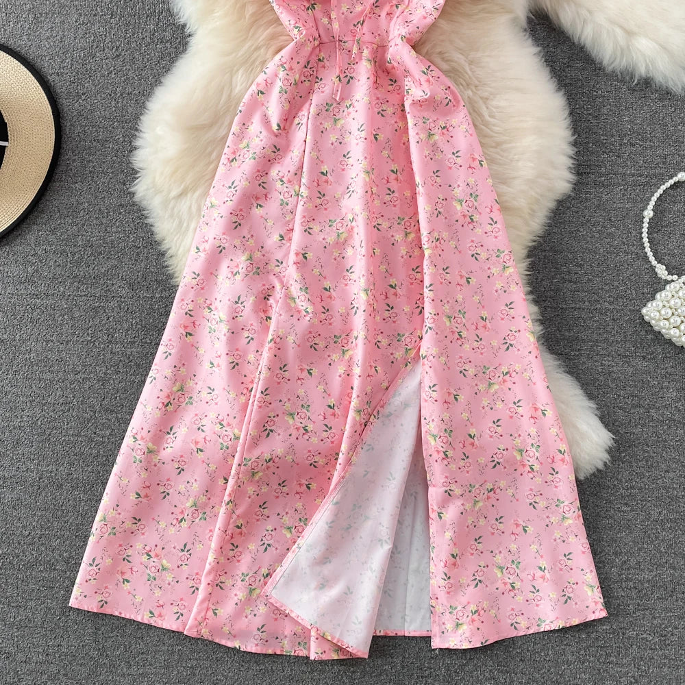 Summer Vintage Dress Blue Floral Summer Bubble Sleeve Tie Up Sexy Dresses Women A-line Print Split Long Dress Elegant Vestidos