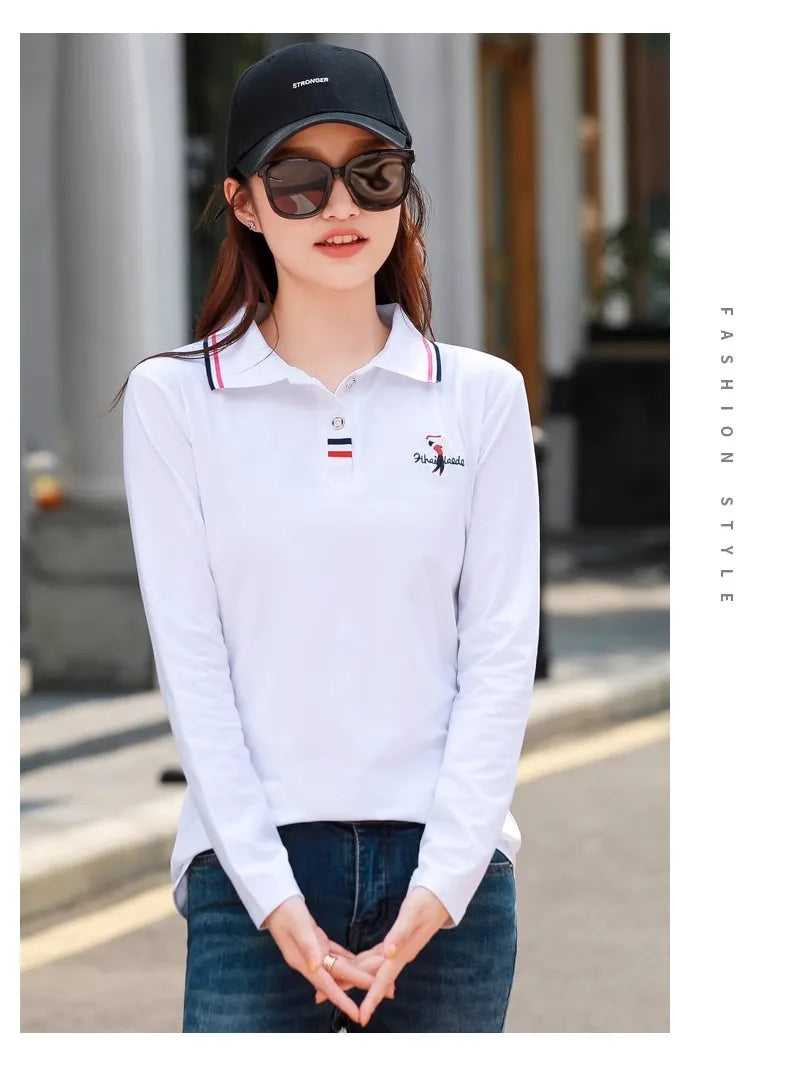 European Station Polo Neck Long sleeved T-shirt Women's Summer New High end Luxury Pure Cotton Loose Fashion Casual Large Top
