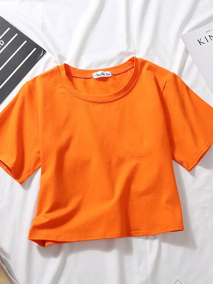 Summer Short Sleeve T Shirts Women Cotton Solid T-shirt O Neck High Waist Crop Top Tee Female Casual Loose T Shirt Badiee Stylez