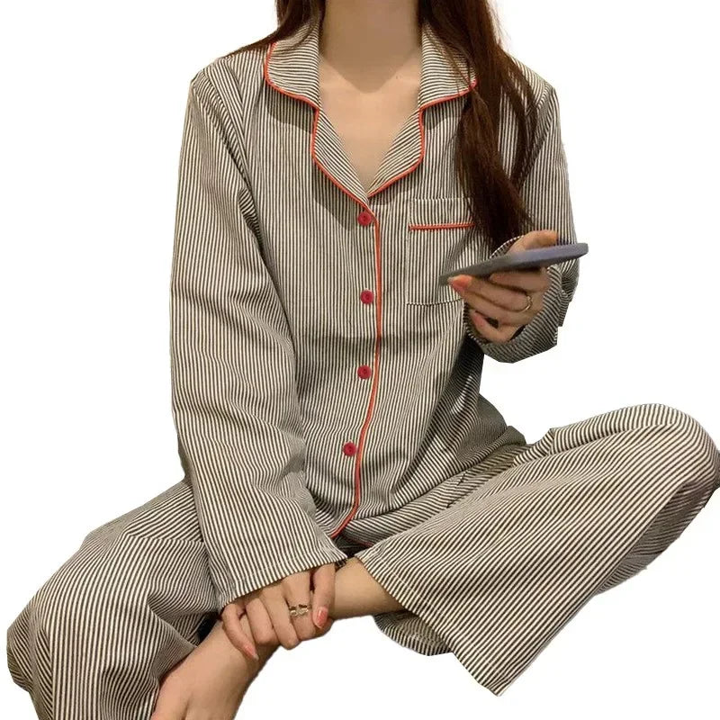 Pajamas Women Long Sleeve Trousers Summer Grey Cardigan Striped Sleepwear Loungewear Two Piece Set Ladies Nightwear Homewear