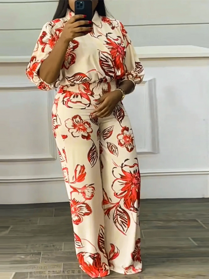 Women's Long Bottom Cross-Neck Suit, Bright Fashion Flower Print Pattern, Waist-cinching Short Top, Plus Size, Spring & Summer