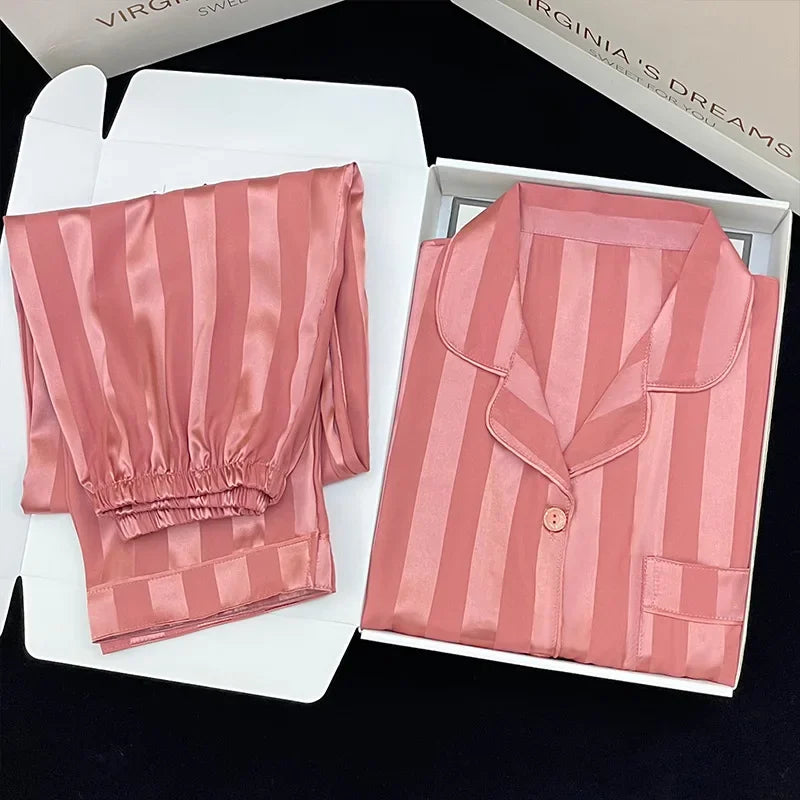 Korean Style Women's Two-piece Pajamas Sets Fashion Flower Print Faux Silk Satin Sleepwear Female Long Sleeve Pants Housewear 3