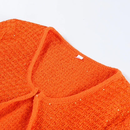 Elegant Sequined Orange Cardigans Women Y2k O-neck Short Sleeve One Button Female Tops 2025 Street Summer Lady Chic Knitwear