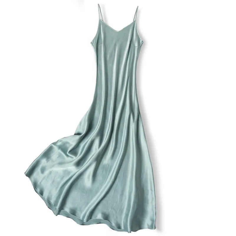 Small Heavyweight 21MM 100% Natural Mulberry Silk Plain Satin French V-neck Diagonal Cut Women's Sexy Solid Suspender Dress Badiee Stylez