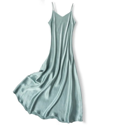 Small Heavyweight 21MM 100% Natural Mulberry Silk Plain Satin French V-neck Diagonal Cut Women's Sexy Solid Suspender Dress Badiee Stylez