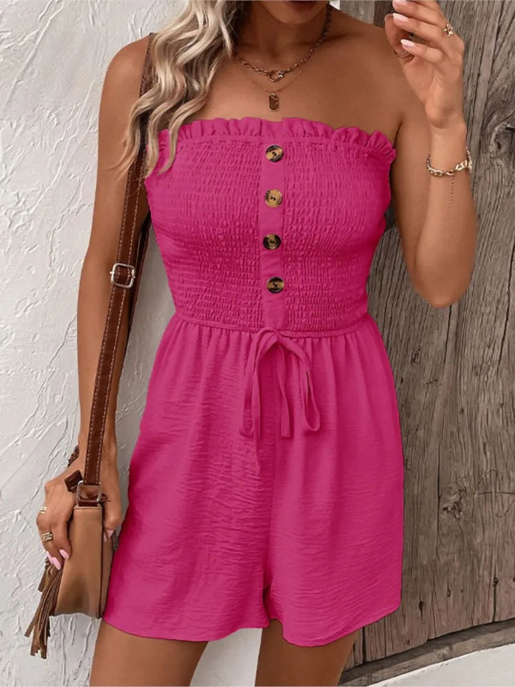 Summer Fashion Splicing Women's Solid Color Sexy Sleeveless Bra Button Tie Waist Casual Comfortable Jumpsuit Shorts 3/4