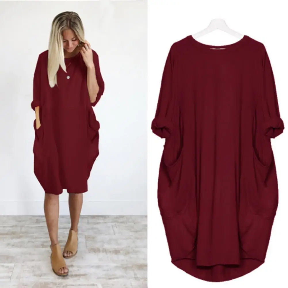 Women Casual Loose Dress with Pocket Fashion Ladies Solid Dress Women's O Neck Long Tops T Shirt Dress Streetwear Plus Size
