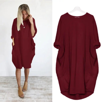 Women Casual Loose Dress with Pocket Fashion Ladies Solid Dress Women's O Neck Long Tops T Shirt Dress Streetwear Plus Size