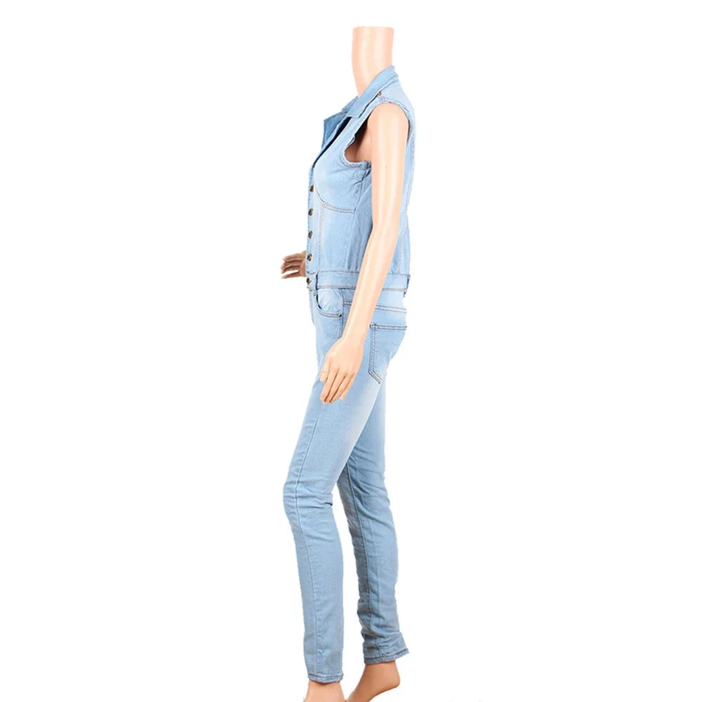 Denim Jumpsuit for Women Sexy Slim Fit Zipper Sleeveless V-Neck High Waist Fashion Jean Pants Rompers Badiee Stylez